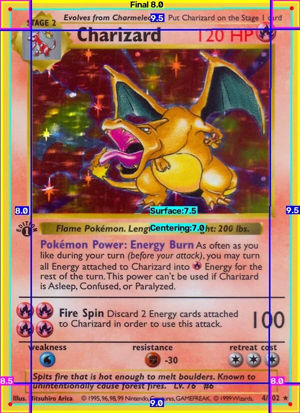 Análise de um Charizard do Base Set com as subnotas marcadas na imagem: nota final 8.0